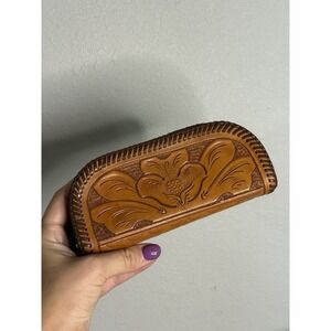 Vintage Hand Tooled Leather Clutch Small Bag Embossed Floral Damaged